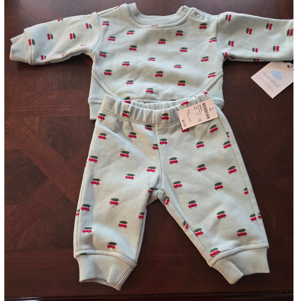 Cloud Island Newborn Mint Green Christmas Tree Car Sweatshirt and Joggers Set